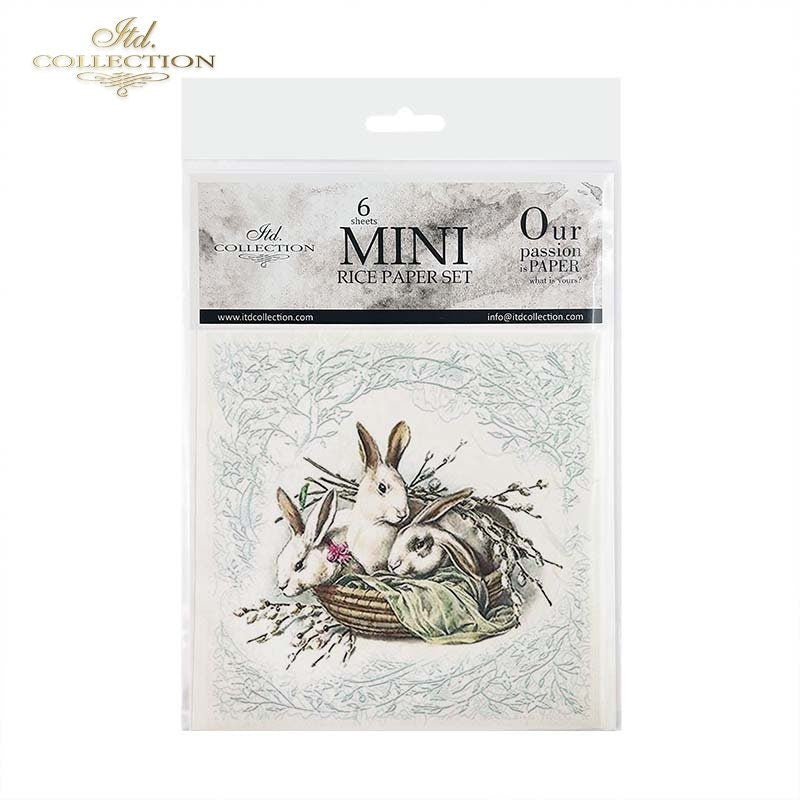ITD Collection Rice Paper Mini Set for Decoupage RSM070, 6 sheets of rice paper 14,8x14,8 cm, Easter, Bunnies, Eggs, Rabbits, Spring