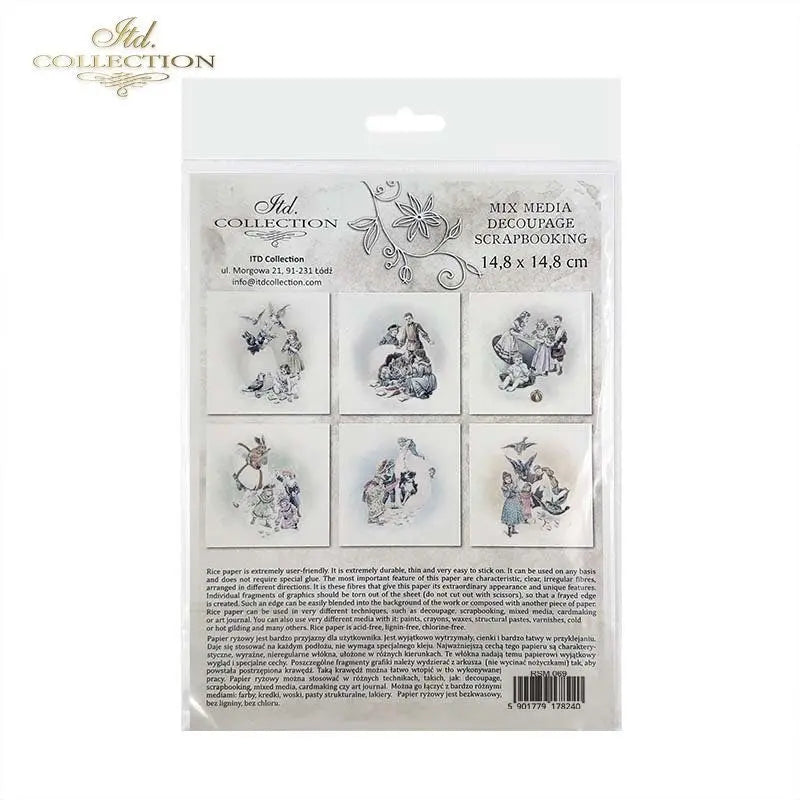 ITD Collection Rice Paper Mini Set for Decoupage RSM069, 6 sheets of rice paper 14,8x14,8 cm, Easter, Birds, Children, Vintage Style, Eggs ITD Collection