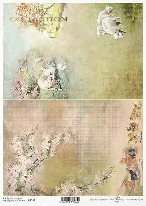 ITD Collection Rice Paper for Decoupage R2188, Size A4 210x297 mm, 8.27x11.7 inch, Spring, Flowers, landscape, sheep, Grass, Chics ITD Collection