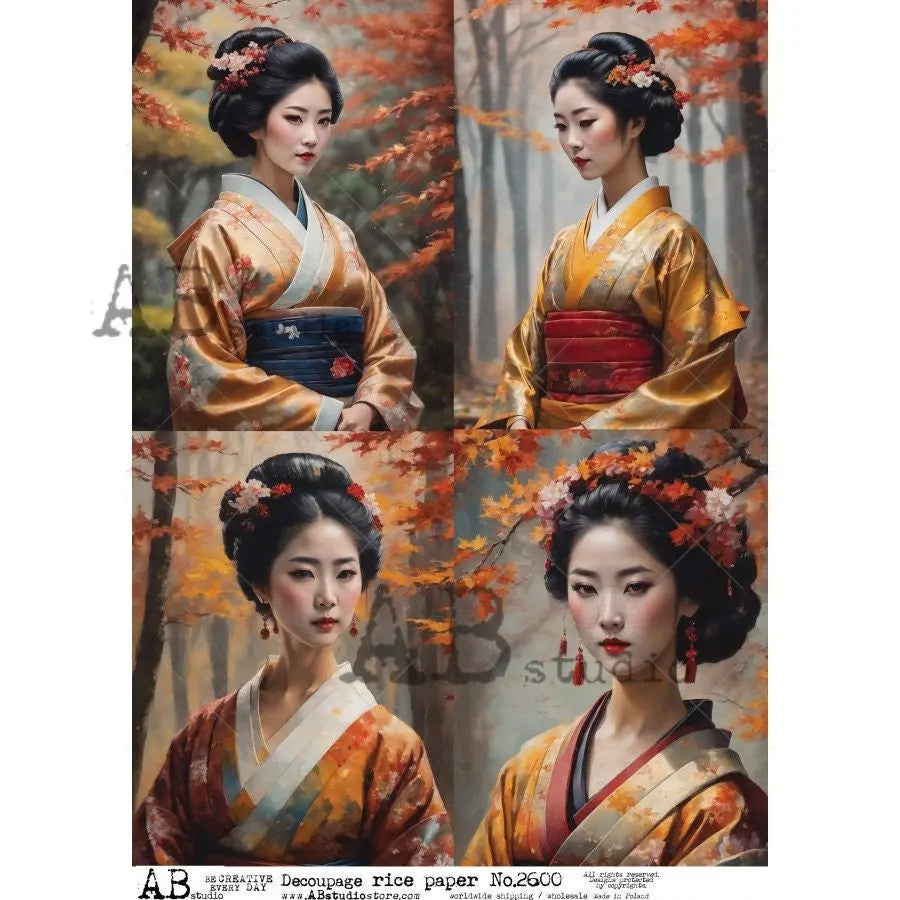 AB Studio, Rice Paper, Decoupage, Mixed Media, Japanese, Asian, Woman Portraits, Kimono, Squares, ID-2600, A4 8.27 X 11.69 inches AB Studio