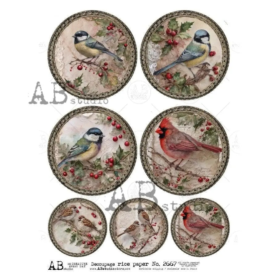 AB Studio, Rice Paper, Shabby Chic, Christmas, Blue Birds, Cardinals, Ornaments, Circles, ID-2668, Ornaments, A4 8.27x11.69 Decoupage AB Studio