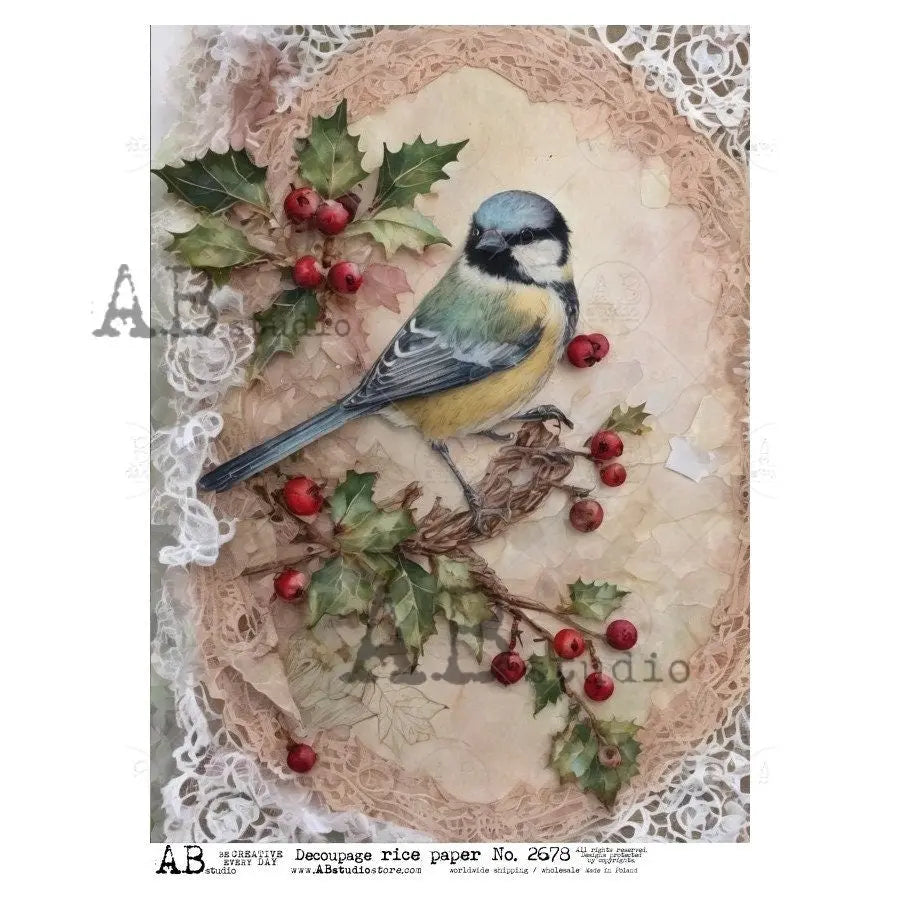 AB Studio, Rice Paper, Shabby Chic, Christmas, Blue Bird, Holly, Berries, ID-2678, Holiday Decoration, A4 8.27x11.69 Decoupage, Mixed Media AB Studio