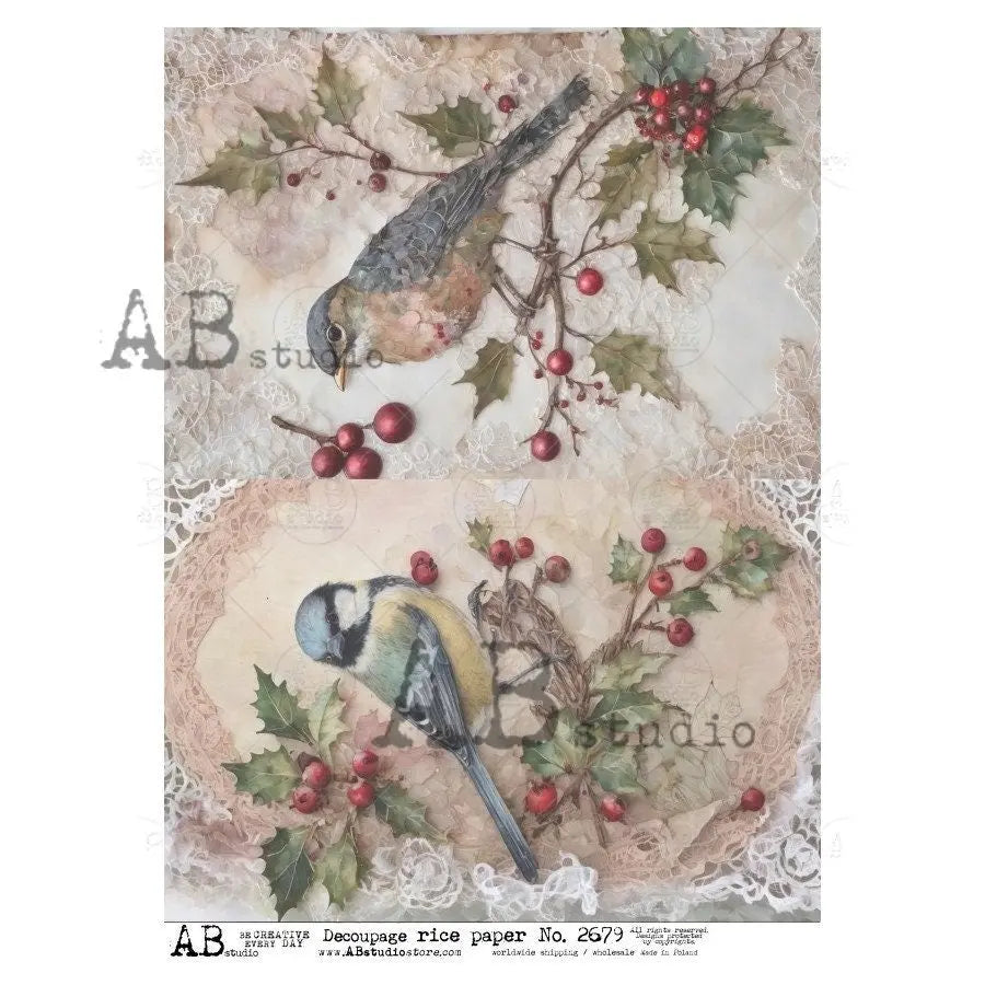 AB Studio, Rice Paper, Shabby Chic, Christmas, Blue Birds, Holly, Berries, Decorations, Holiday, Squares, ID-2679, A4 8.27x11.69 Decoupage AB Studio
