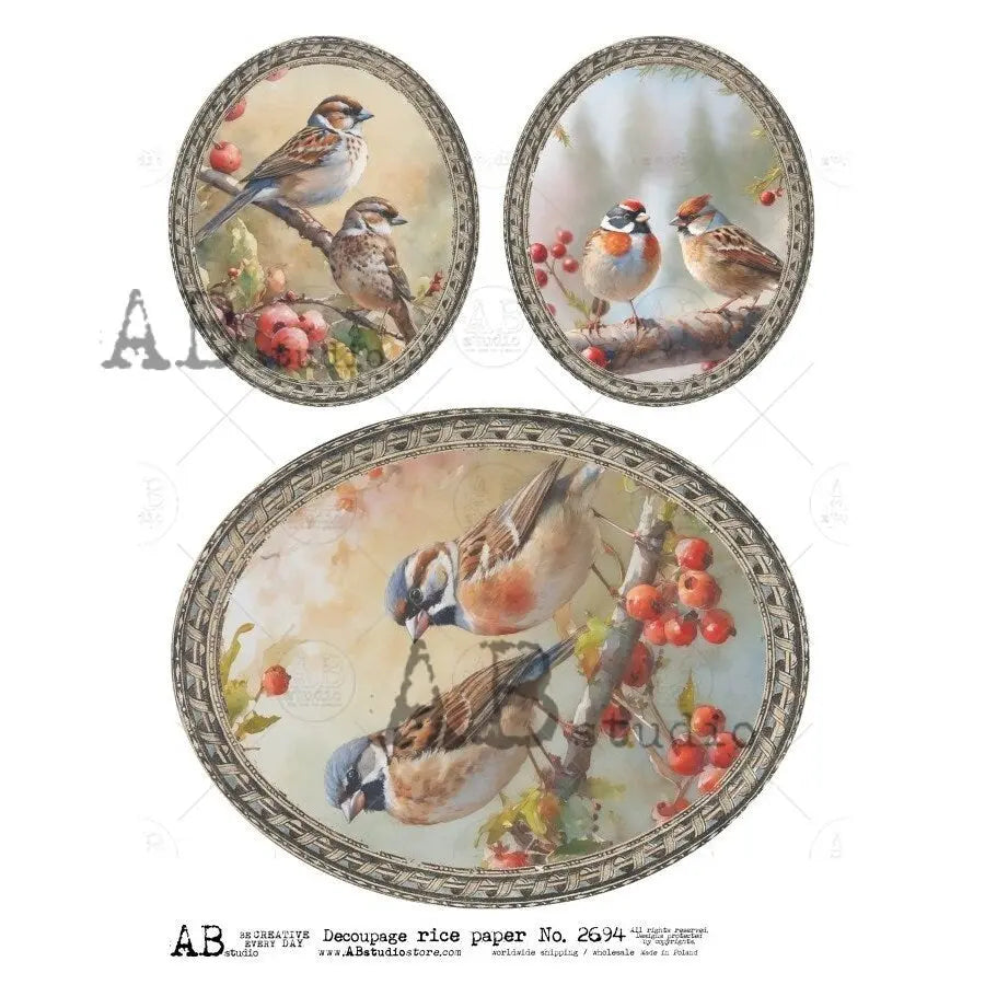 AB Studio, Rice Paper, Shabby Chic, Christmas, Birds, Holly, Berries, Decorations, Framed Ovals, Ornaments, ID-2694, A4 8.27x11.69 Decoupage AB Studio
