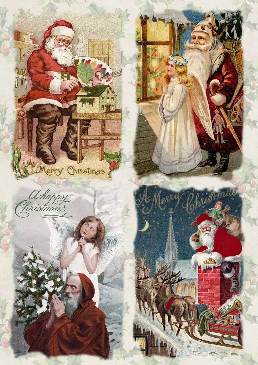 Decoupage Queen, Rice Paper, Christmas, A4 8.27 X 11.69, St. Nicolas, 4 Pack, Vintage Santa Claus, Angel, Reindeer, Squares, Nostalgic Decoupage Queen