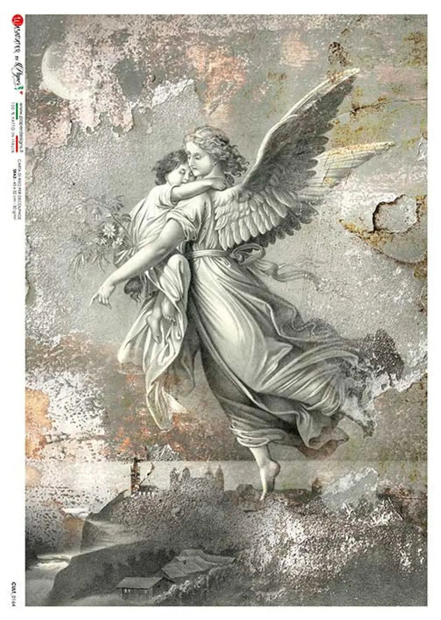 Paper Designs, Rice Paper, Decoupage, Celestial Angel 1, Watching, Angel carrying Baby, CULT-0164, Shabby Chic, Vintage Style, A4, Italian Paper Designs