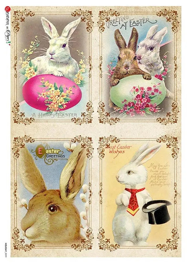 Paper Designs, Rice Paper, Holiday, Easter Rabbits, Spring, Bunnies, Cards, Squares, Easter Eggs, 0099 A4, 8.3 X 11.7 Decoupage, Mixed Media Paper Designs
