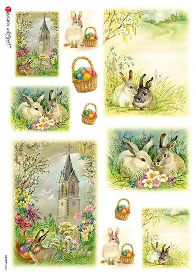 Paper Designs, Holiday, Easter Scenes, Easter Rabbits, Bunnies, Baskets, Easter Eggs, Church, 0036 A4, 8.3" X 11.7" Rice Paper, Decoupage Paper Designs