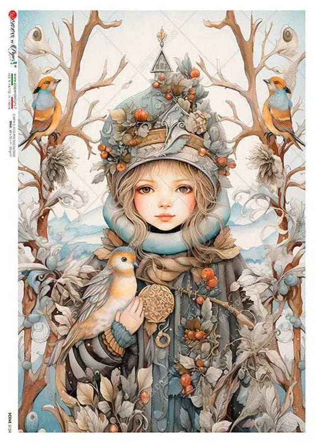 Paper Designs, 2023 Release, Winter, Girl, Woods, Forest, Friends, Shabby Chic, Rice Paper, Decoupage, Mixed Media, 0154, A4 8.3" X 11.7 Paper Designs