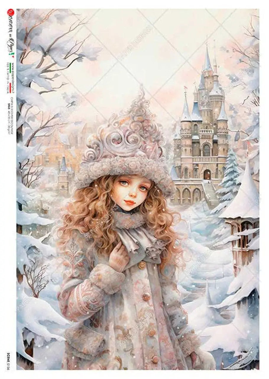 Paper Designs, 2023 Release, Winter, Girl, Wonderland, Shabby Chic, Princess, Rice Paper, Decoupage, Mixed Media, 0156, A4 8.3" X 11.7 Paper Designs
