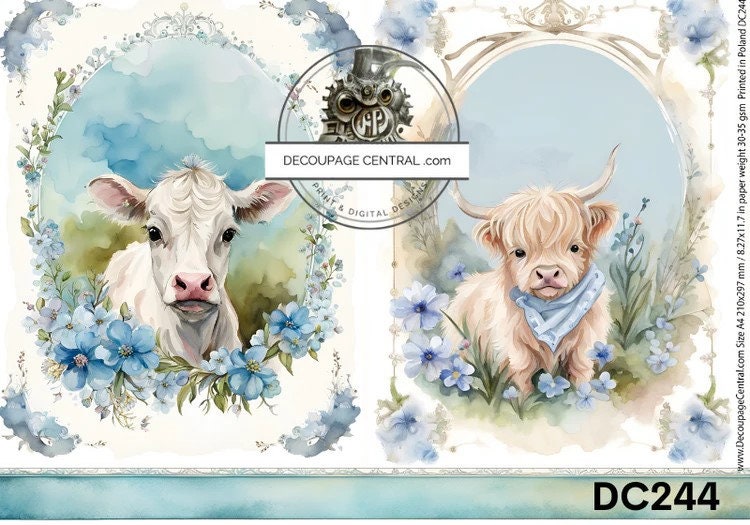 Decoupage Central, Rice Paper, Easter, Vintage, Spring, Baby, Cows, Blue, Flowers in Frames, Shabby Chic, DC244, Mixed Media, A4 8.27x11.69