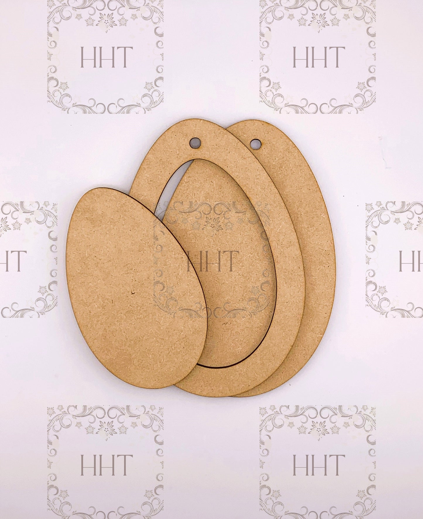 Laser Cut MDF Wood Base Easter Egg Blank Base Ornament with Frame, Center Oval, 3 pc for Decoupage, Mixed Media, 6 x 4 in, 1/8 in