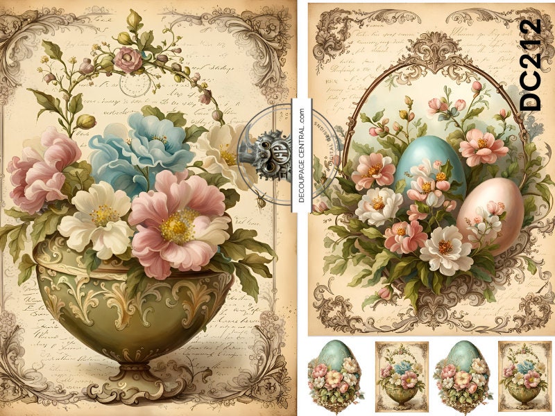 Decoupage Central, Rice Paper, Vintage, Easter, Baskets, Golden Urn, Flowers, Eggs, Shabby Chic, DC212, Mixed Media, A4 8.27x11.69