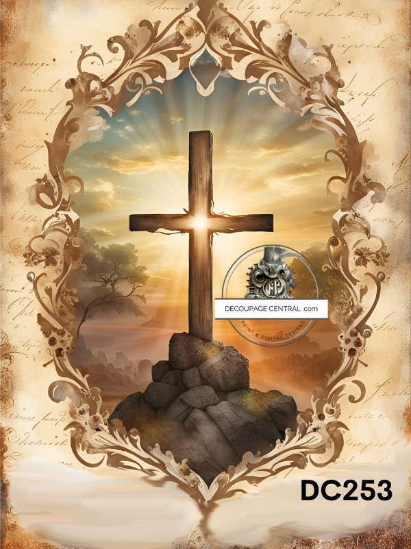 Decoupage Central, Rice Paper, Vintage, Easter, Hope in the Morning, Cross, Sunrise, Shabby Chic, DC253, Mixed Media, A4 8.27x11.69