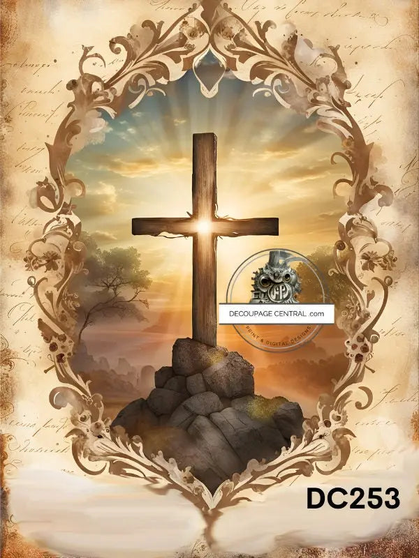 Decoupage Central, Rice Paper, Vintage, Easter, Hope in the Morning, Cross, Sunrise, Shabby Chic, DC253, Mixed Media, A4 8.27x11.69 Decoupage Central