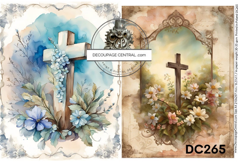 Decoupage Central, Rice Paper, Easter, Vintage, Blue, Pink, Flowers, Cross, Squares, Shabby Chic, DC265, Mixed Media, A4 8.27x11.69