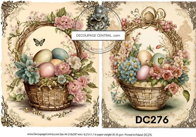 Decoupage Central, Rice Paper, Easter, Vintage, Spring, Baskets, Eggs, Antique Style, Shabby Chic, DC276, Mixed Media, A4 8.27x11.69 Decoupage Central