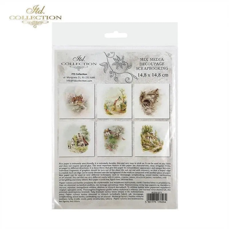 ITD Collection Rice Paper Mini Set for Decoupage RSM071, 6 sheets of rice paper 14,8x14,8 cm, Farm, Country Houses, Cottages, Landscapes ITD Collection