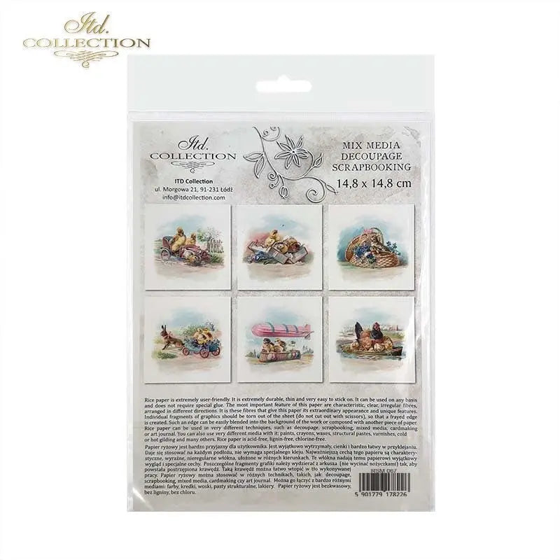 ITD Collection Rice Paper Mini Set Decoupage RSM067, 6 sheets of rice paper 14,8x14,8 cm, Easter, Birds, Chicken, Hen, Vintage Style, Eggs ITD Collection