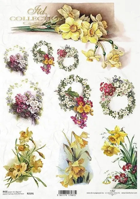 ITD Collection Rice Paper for Decoupage R2191, Size A4 210x297 mm, 8.27x11.7 inch, Spring, Flowers, Wreaths, Daffodils, Roses ITD Collection