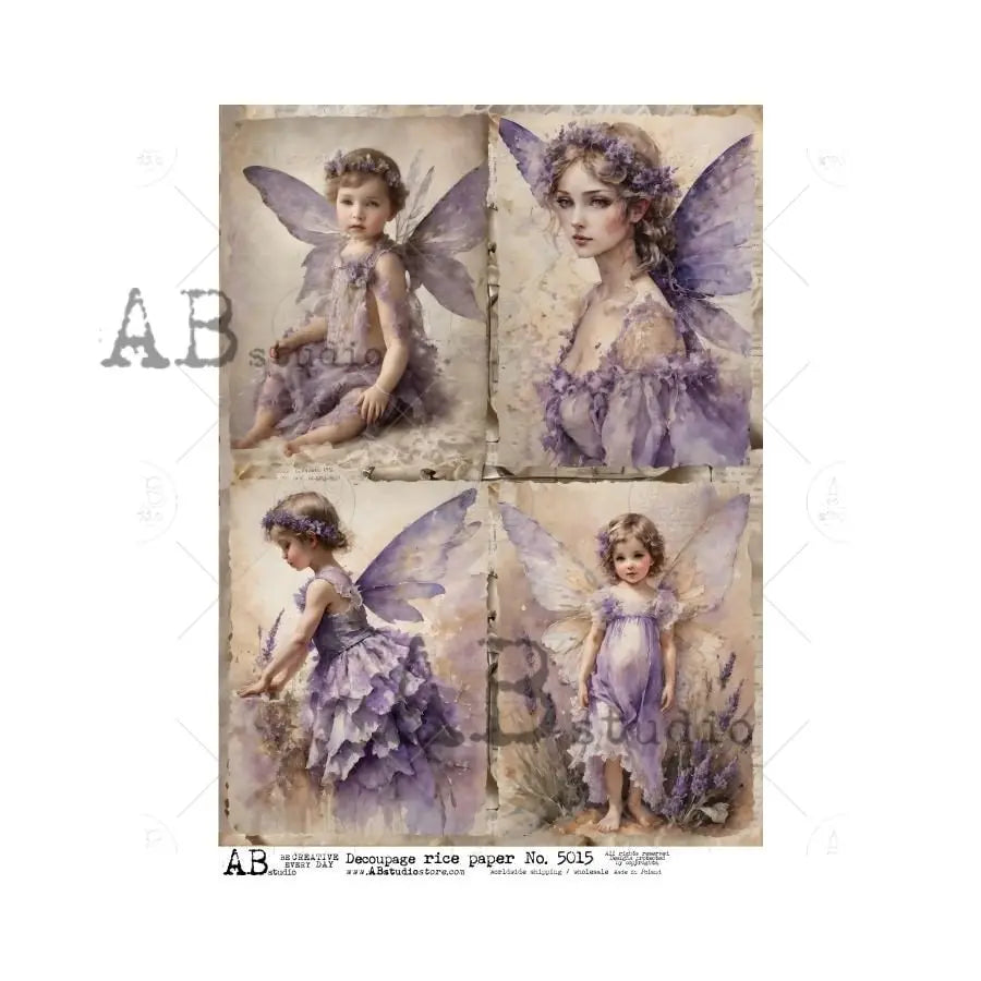 AB Studio, Rice Paper for Decoupage, Vintage, Shabby Chic, Purple Fairies, Squares, Girls, Lavender, ID5015 A4 8.27 x 11.69, Imported Poland AB Studio