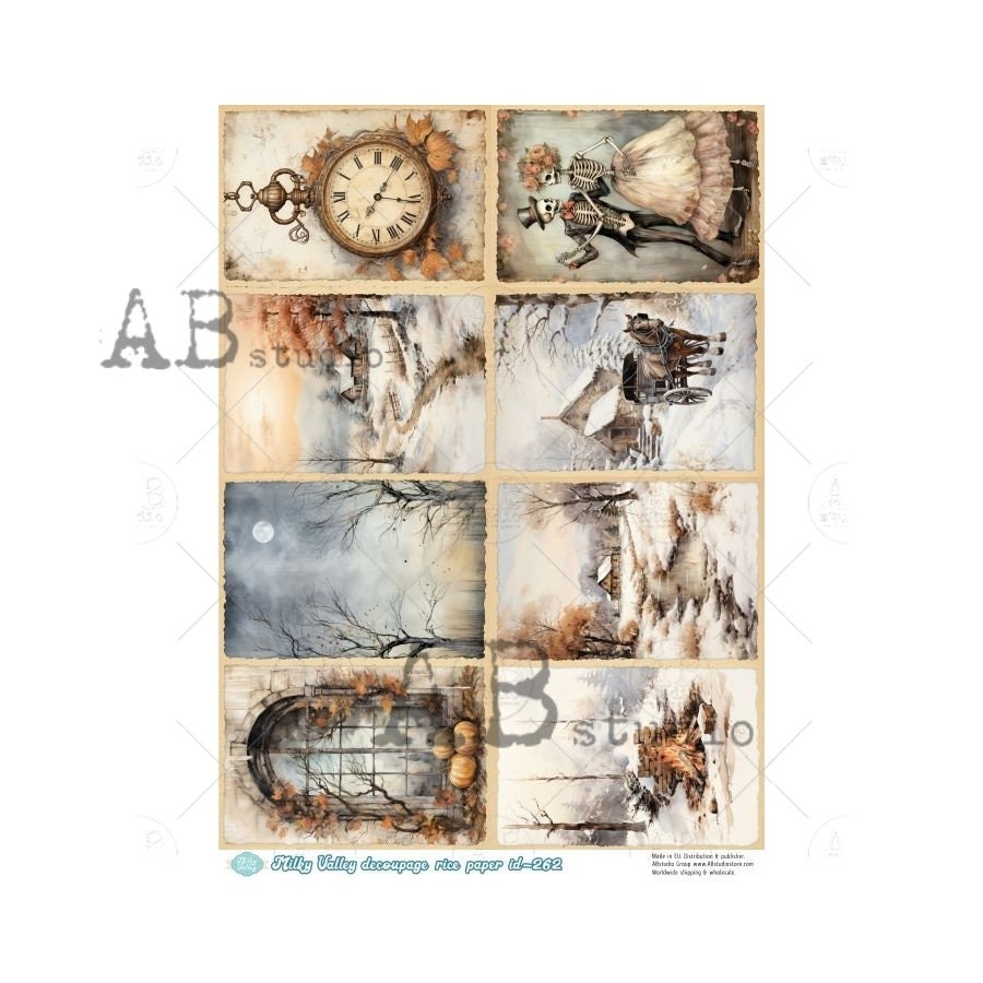 AB Studio, Milky Valley, Rice Paper Decoupage, Vintage, Winter, Fall, Landscape, Skeletons, Squares, ID262 A4 8.27 x 11.69, Imported Poland