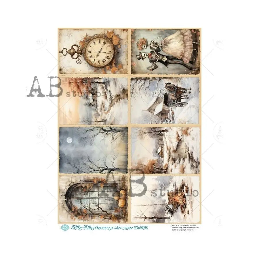 AB Studio, Milky Valley, Rice Paper Decoupage, Vintage, Winter, Fall, Landscape, Skeletons, Squares, ID262 A4 8.27 x 11.69, Imported Poland AB Studio