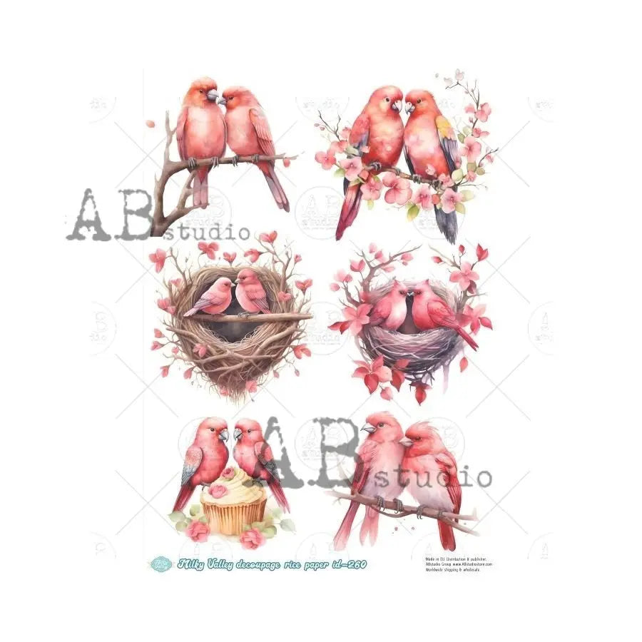 AB Studio, Milky Valley, Rice Paper Decoupage, Pink, Love Birds, Hearts, Rounds, Valentines Day, ID-260 A4 8.27 x 11.69, Imported Poland AB Studio