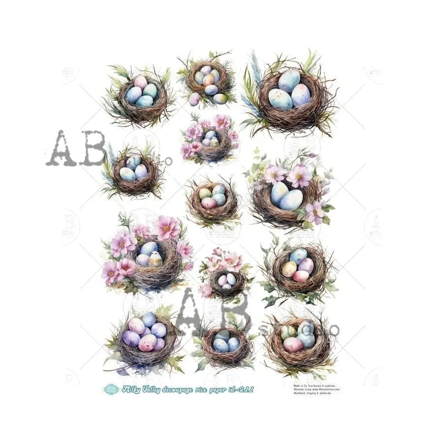 AB Studio, Milky Valley, Rice Paper Decoupage, Easter, Eggs, Nests, Rounds, Ornaments, Mixed Media, ID-211 A4 8.27 x 11.69, Imported Poland AB Studio