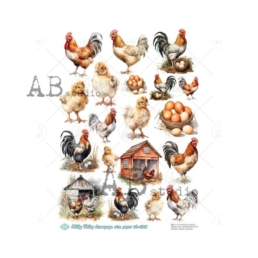 AB Studio, Milky Valley, Rice Paper, Decoupage, Roosters, Chickens, Hens, Barn, Eggs, Country, Rounds, ID-209 A4 8.27 x 11.69, Imported