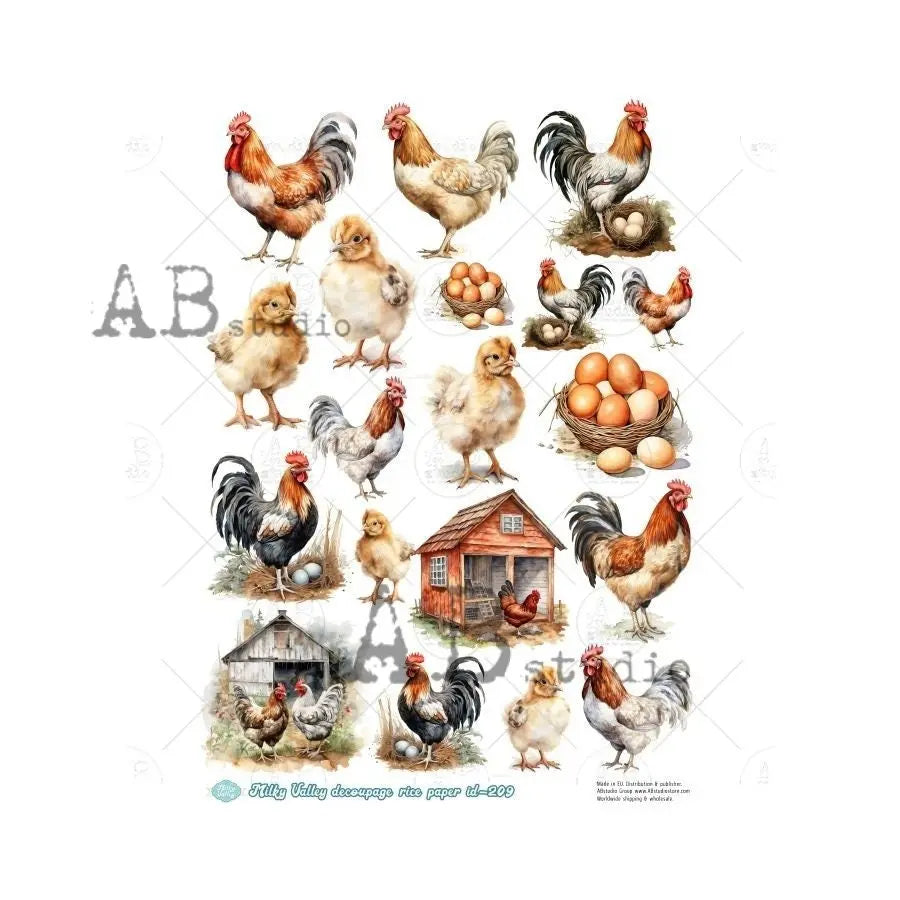 AB Studio, Milky Valley, Rice Paper, Decoupage, Roosters, Chickens, Hens, Barn, Eggs, Country, Rounds, ID-209 A4 8.27 x 11.69, Imported AB Studio