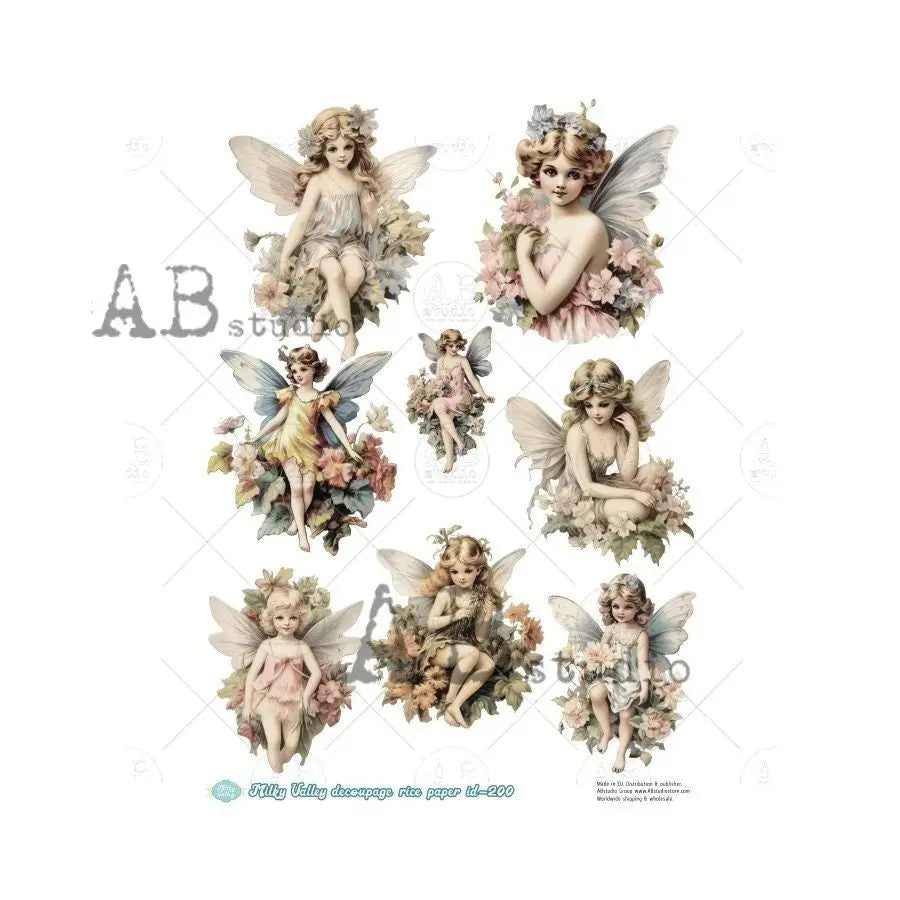 AB Studio, Milky Valley, Rice Paper Decoupage, Fairies, Fantasy, Girls, Rounds, Flowers, Ornaments, ID-200 A4 8.27 x 11.69, Imported Poland AB Studio
