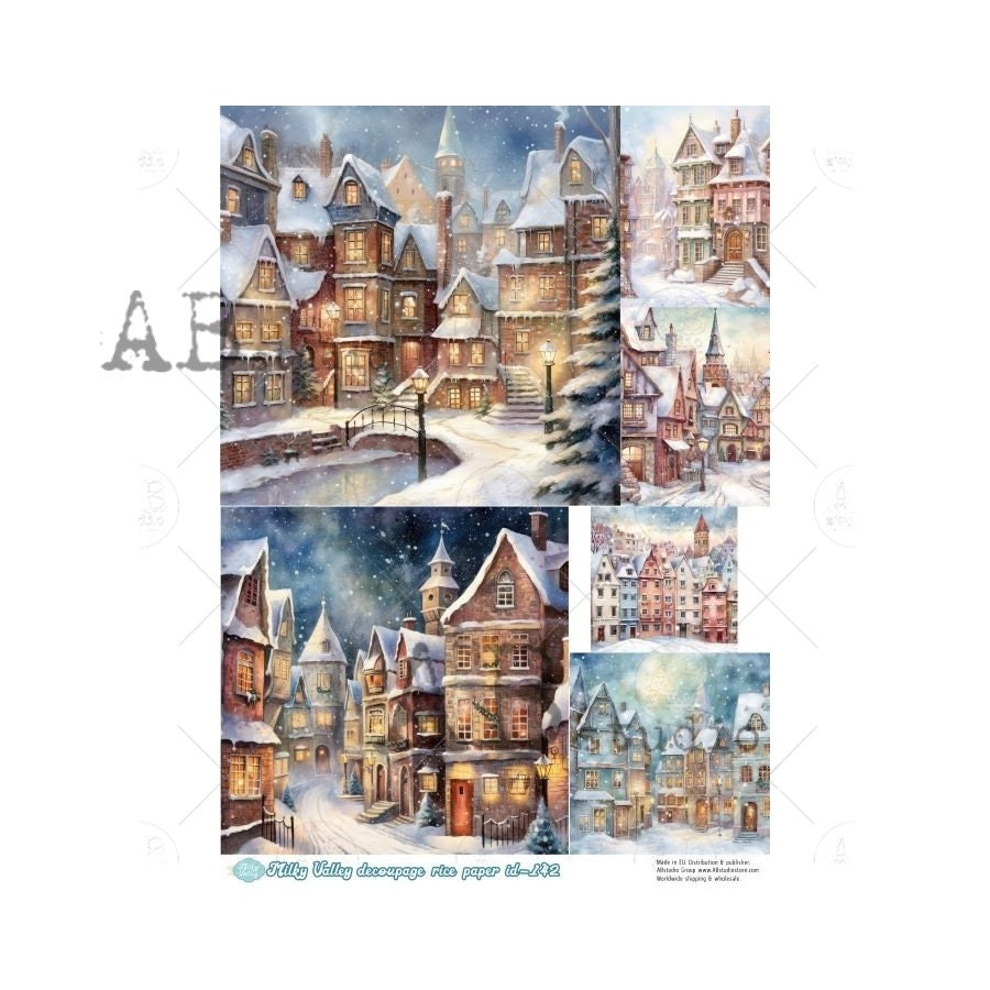 AB Studio, Milky Valley, Rice Paper Decoupage, Vintage, Winter, Village, European Town, Christmas, ID142 A4 8.27 x 11.69 Imported Poland