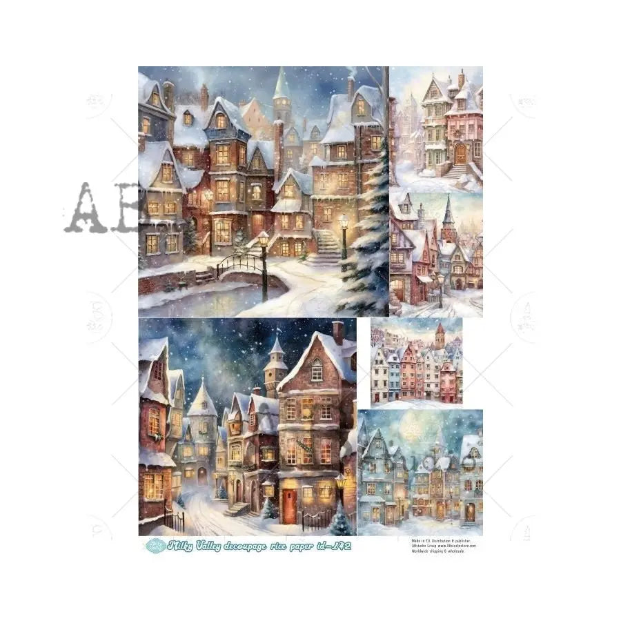 AB Studio, Milky Valley, Rice Paper Decoupage, Vintage, Winter, Village, European Town, Christmas, ID142 A4 8.27 x 11.69 Imported Poland AB Studio