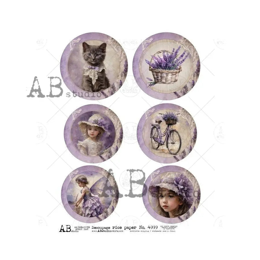 AB Studio, Rice Paper Decoupage, Lavender, Girls, Kitten, Rounds, Ornaments, Fairy, ID-4999 A4 8.27 x 11.69, Imported Poland AB Studio