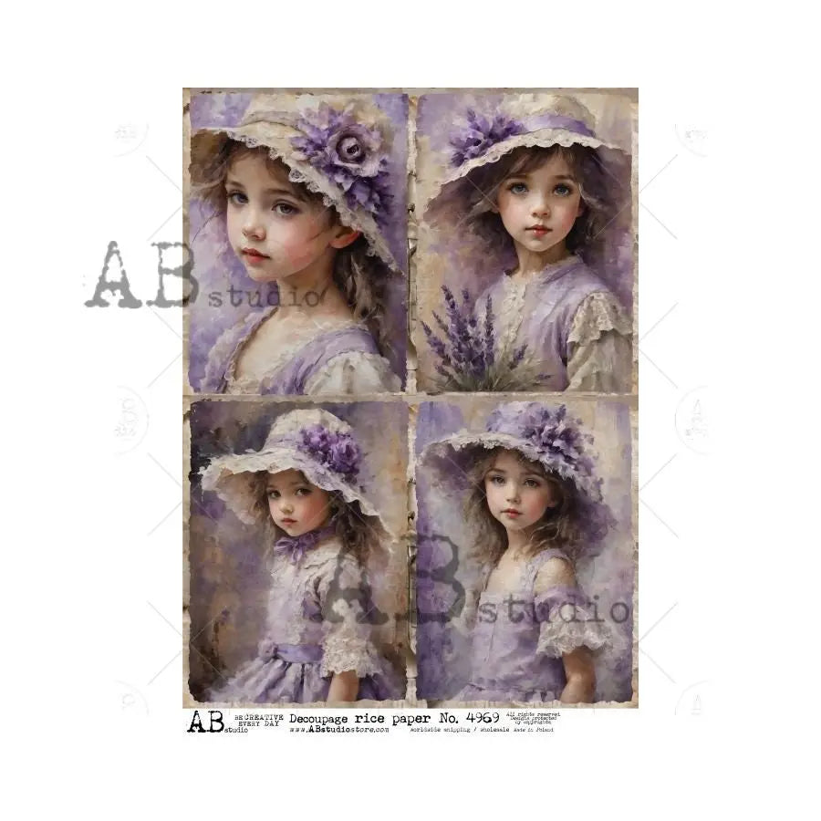 AB Studio, Rice Paper Decoupage, Shabby Chic, Vintage Style, Lavender, Girls, Portraits, ID-4969 A4 8.27 x 11.69, Imported Poland AB Studio