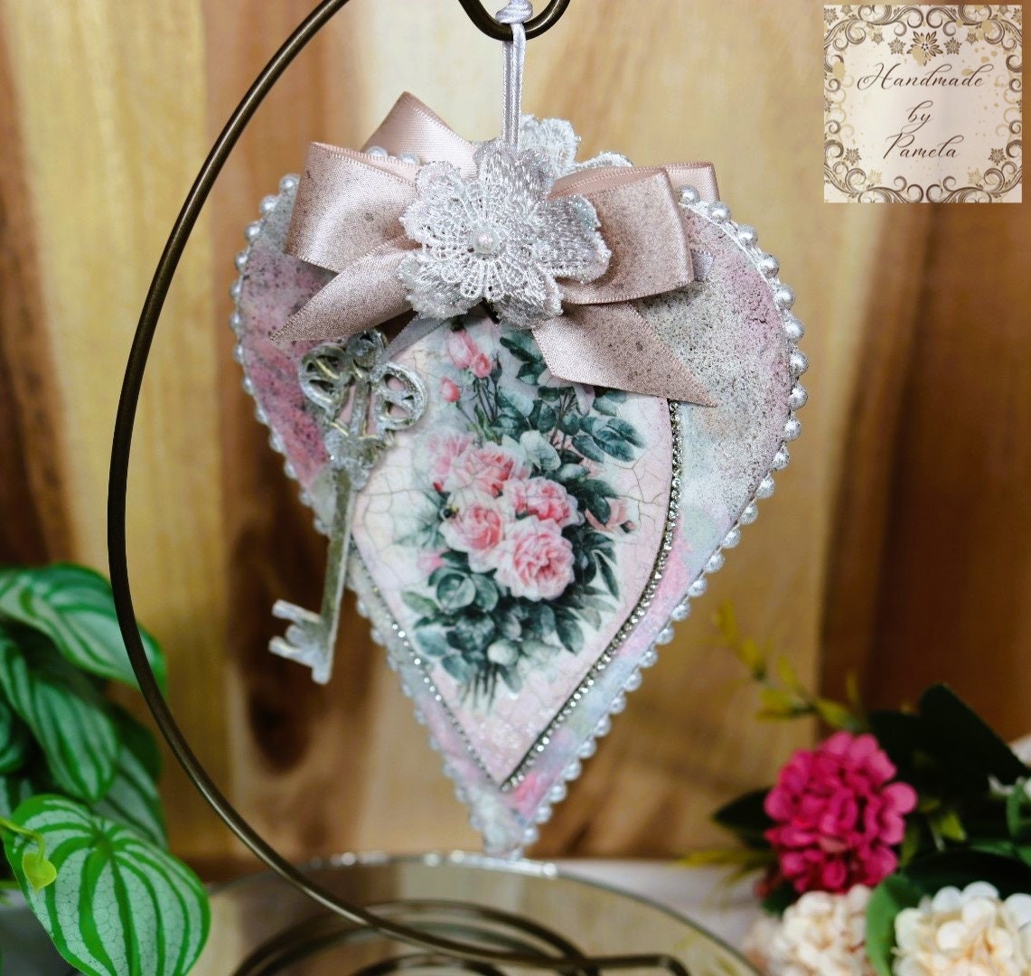 Handcrafted, Shabby Chic, Valentine, Roses, Heart Ornament, Pink Roses, Decoupage MDF, Love Heart Ornament, Gift, Heart Decoupage Ornament