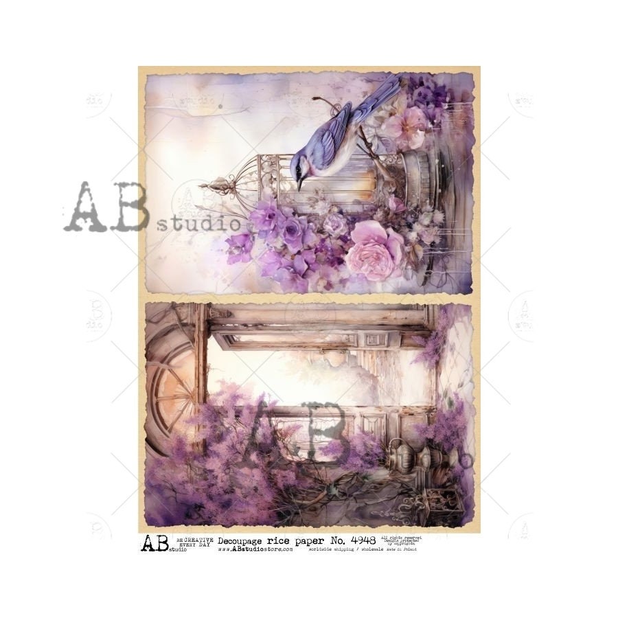AB Studio, Rice Paper Decoupage, Vintage Style Flowers, Purple, Roses, Bird, Cage, Shabby chic, ID-4948 A4 8.27 x 11.69, Imported Poland