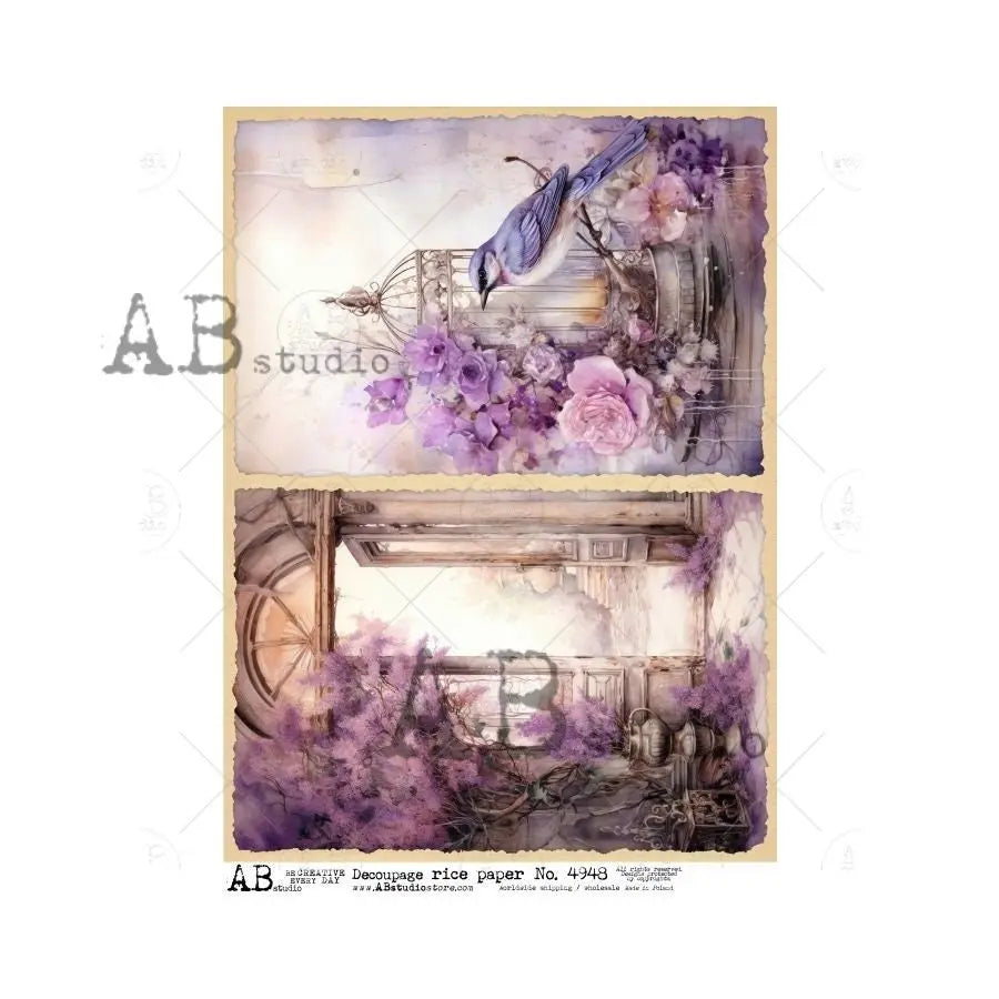 AB Studio, Rice Paper Decoupage, Vintage Style Flowers, Purple, Roses, Bird, Cage, Shabby chic, ID-4948 A4 8.27 x 11.69, Imported Poland AB Studio