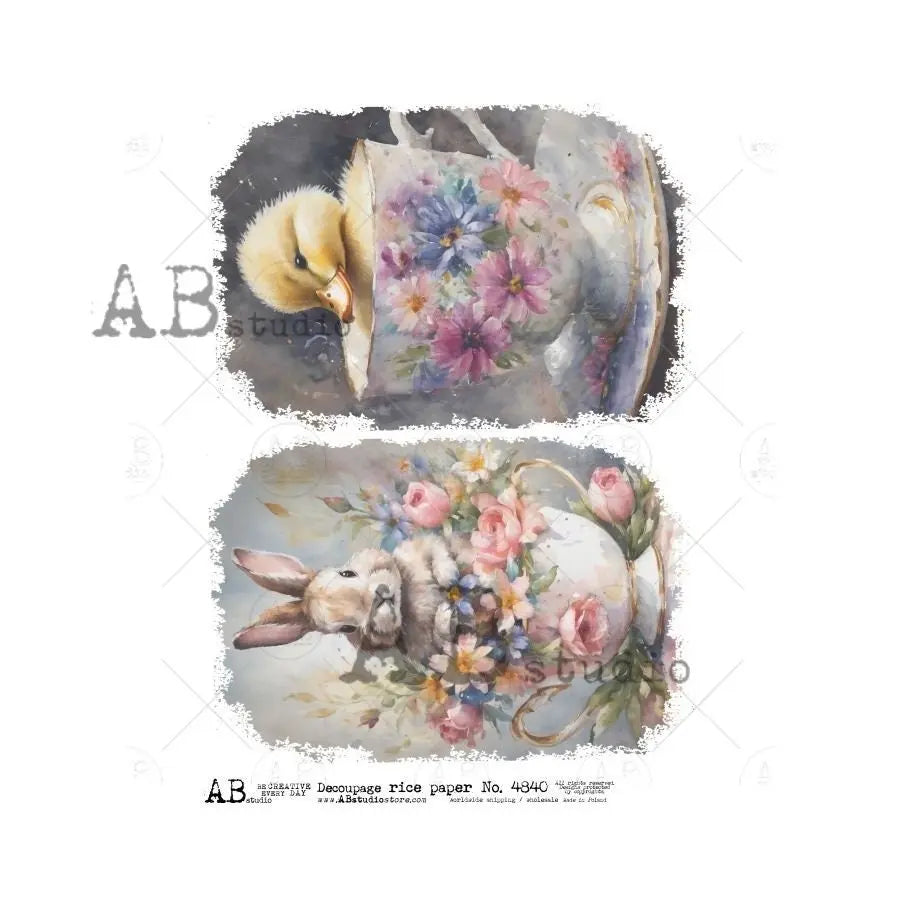 AB Studio, Rice Paper, Decoupage, Spring, Easter, Tea Cups, Chick, Bunny, Flowers, Squares, ID-4840 A4 8.27 x 11.69, Imported Poland AB Studio