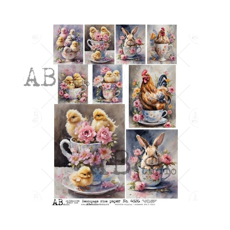 AB Studio, Rice Paper, Decoupage, Spring, Easter, Tea Cups, Chick, Rooster, Bunny, Flowers, Squares, ID4826 A4 8.27 x 11.69, Imported Poland