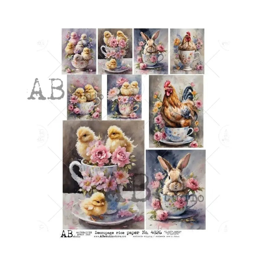 AB Studio, Rice Paper, Decoupage, Spring, Easter, Tea Cups, Chick, Rooster, Bunny, Flowers, Squares, ID4826 A4 8.27 x 11.69, Imported Poland AB Studio