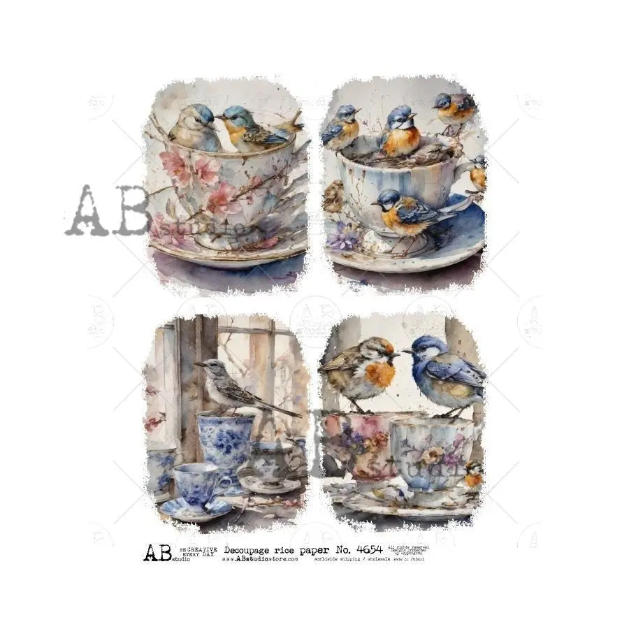 AB Studio, Rice Paper, Decoupage, Spring, Easter, Tea Cups, Birds, Flowers, Squares, ID4654 A4 8.27 x 11.69, Imported Poland AB Studio
