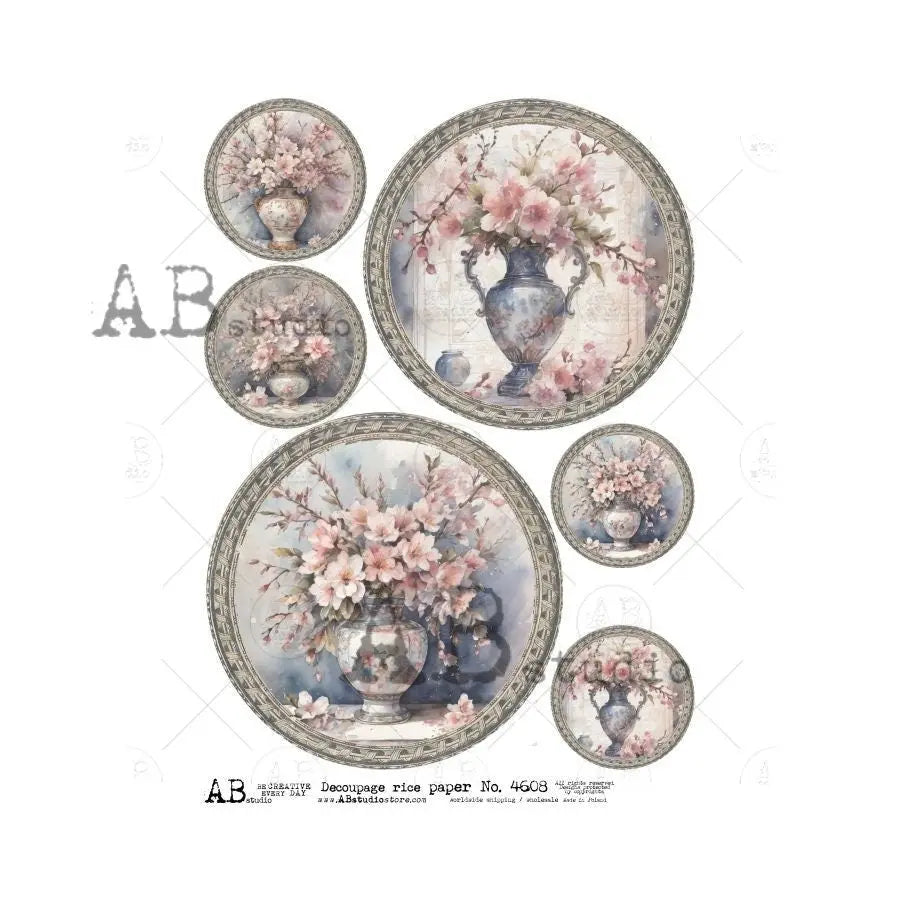 AB Studio, Rice Paper Decoupage, Vintage Style Pink Flowers, Vases, Rounds, Ornaments, Shabby chic, ID-4608 A4 8.27 x 11.69, Imported Poland AB Studio