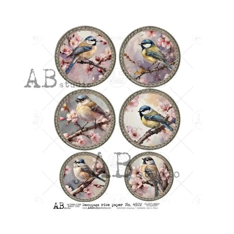 AB Studio, Rice Paper Decoupage, Spring, Birds, Cherry Blossoms, Rounds, Ornaments, Shabby chic, ID-4572 A4 8.27 x 11.69, Imported Poland AB Studio