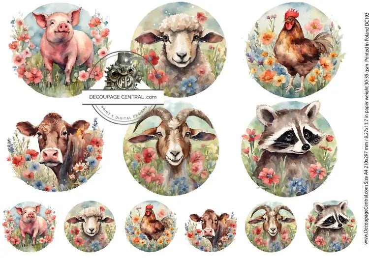 Decoupage Central, Barnyard, Farm, Animals, Circles, Ornaments, flowers, Rounds, DC193, Rice Paper, Decoupage, Mixed Media, A4 8.27x11.69 Decoupage Central