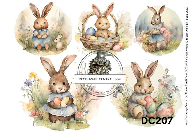 Decoupage Central, Rice Paper, Easter, Vintage, Spring, Bunnies, Baskets, Colorful Eggs, Flowers, Rounds, DC207, Mixed Media, A4 8.27x11.69