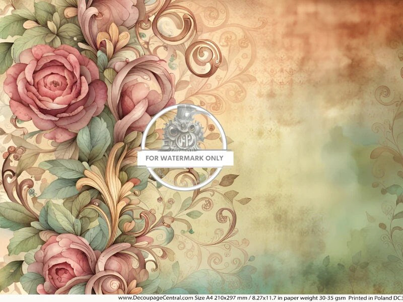 Decoupage Central, Rice Paper, Vintage, Spring, Floral, Wallpaper, Watercolor, Flowers, Shabby Chic, DC313, Mixed Media, A4 8.27x11.69