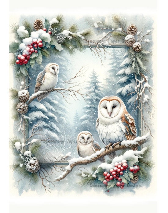 Decoupage Creatives, Rice Paper, White, Barn, Owls, Winter, Forest, Snow, Mixed Media, Christmas, A4 8.27 X 11.69, DPD152