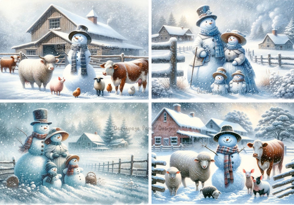 Decoupage Creatives, Rice Paper, Farm, Snowman, Cow, sheep, Animals, Winter, Snow, Mixed Media, Christmas, A4 8.27 X 11.69, DPD-170